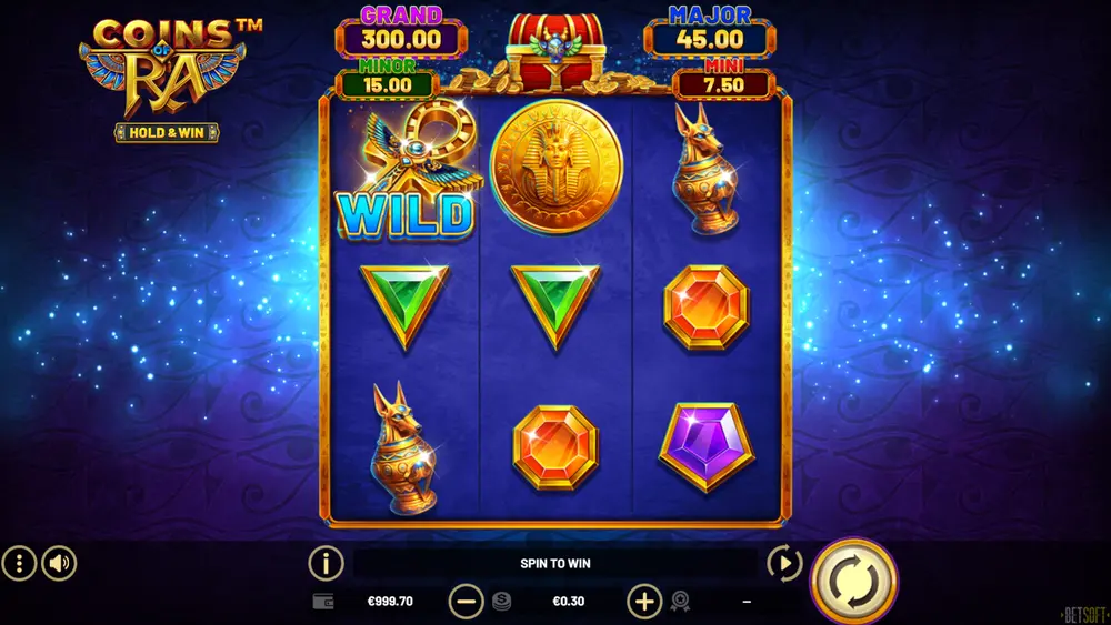 Coins of Ra base game with a full 3x3 grid and the bet panel in view
